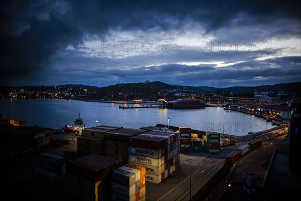 View of the harbour of Kristiansand at night. Kristiansand