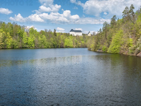 Burgk Castle above the Burhkhammer Dam on the River Saale in Spring