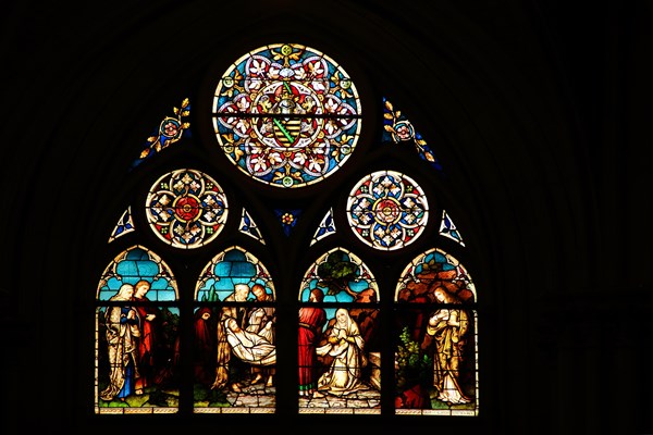 Stained Glass Window with Jesus at the Entombment with Mary and Apostles