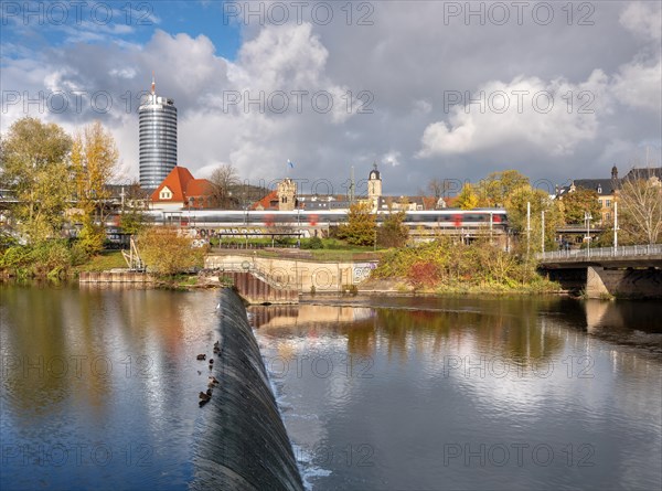 City view of Jena with JenTower and weir at the river Saale