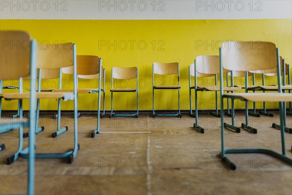 Chairs standing in a classroom of the old primary school in Trinwillershagen