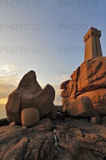 The Pors Kamor lighthouse at sunset along the Cote de granit rose