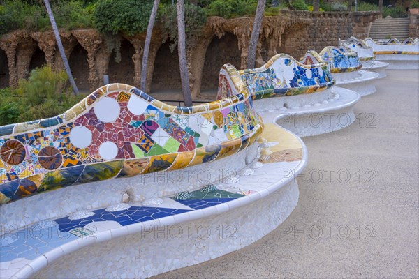 Benches with colourful mosaic