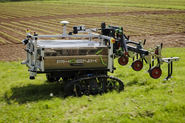 Autonomous agricultural robot with plough on an experimental field at the University of Hohenheim. Stuttgart