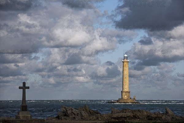 Lighthouse at the Cap de La Hague and monument in honor of the French Vendemiaire submarine crew