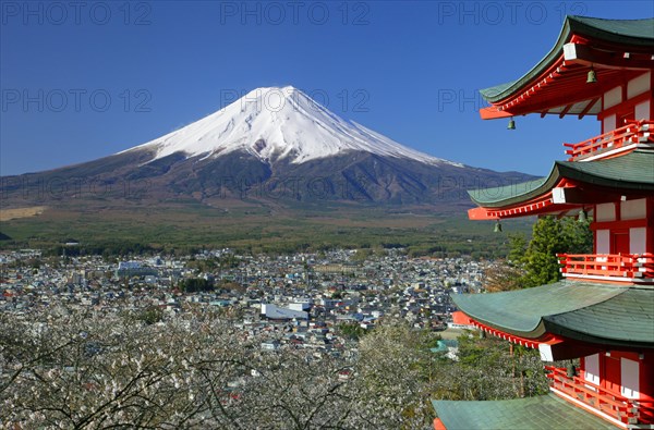 Mount Fuji and five story pagoda Fujiyoshida city Yamanashi Japan