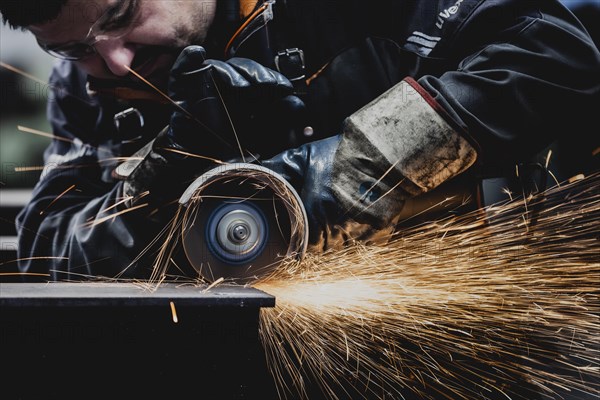 A metal worker works on a steel beam with a cut-off grinder