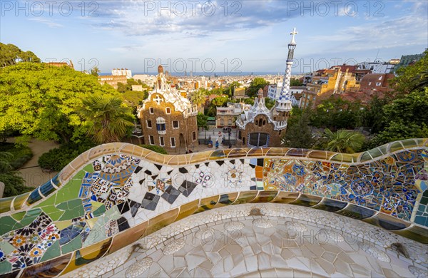 Benches with colourful mosaic