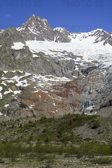Retreating glacier on the Aiguille des Glaciers in the Mont Blanc massif in Val Veny in the Italian Alps
