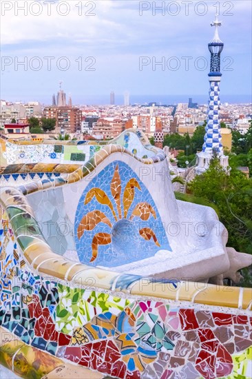 Benches with colourful mosaic