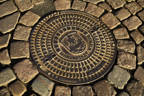 Manhole cover with city coat of arms and cobblestone pavement