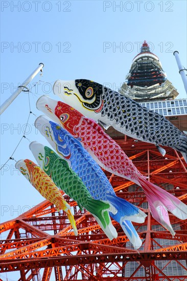 Carp streamers flying in front of Tokyo Tower Japan Asia