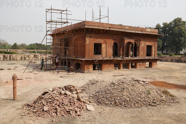 Restoration work at the Zafar Mahal pavilion in Hayat Bakhsh Bagh Garden in the Red Fort of Delhi