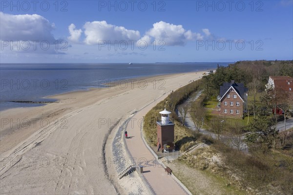 Aerial view over sandy beach and Olhoern Lighthouse at Wyk auf Foehr on the island Foehr in the Wadden Sea