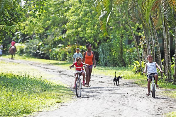 Costa Rican children riding bicycles in the jungle