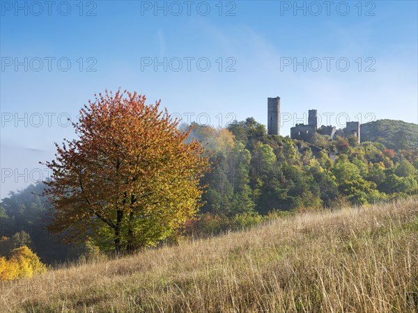 Brandenburg castle ruins in the Werra valley in autumn with morning mist