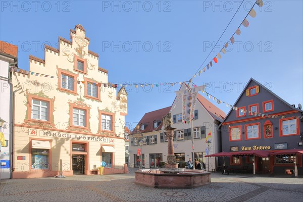 Fish market with historic Deer pharmacy and lion fountain with carnival