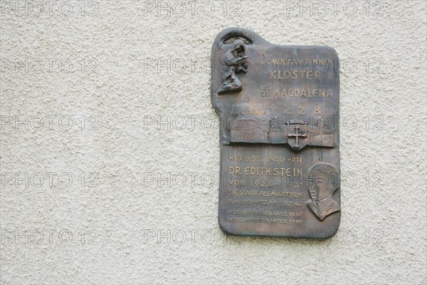 Commemorative plaque with inscription and relief to Edith Stein at St Magdalena's Monastery