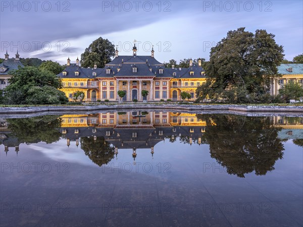The Bergpalais of Pillnitz Palace in the Elbe Valley reflected in water basin