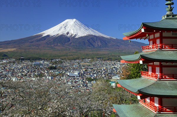 Mount Fuji and five story pagoda Fujiyoshida city Yamanashi Japan