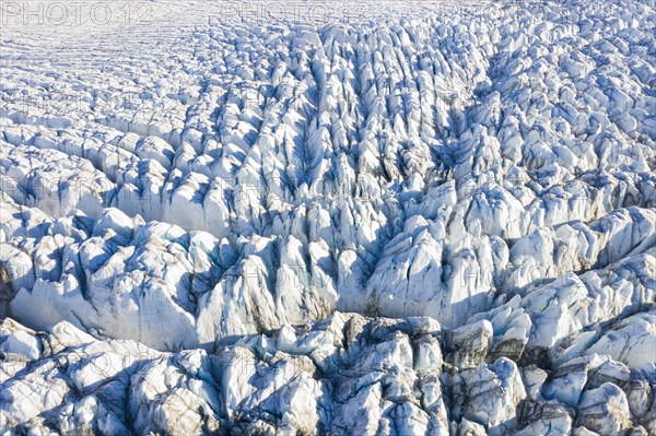 Aerial view over seracs and crevasses on Recherchebreen