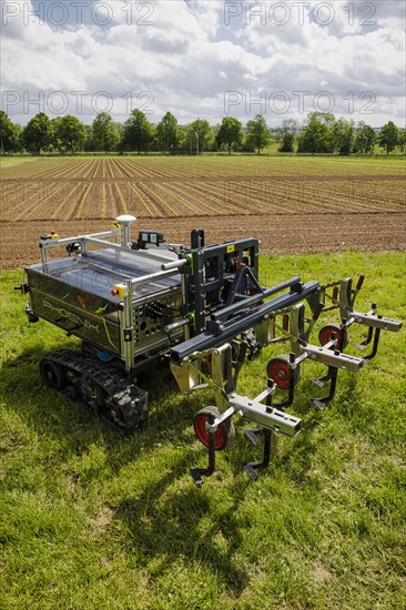 Autonomous agricultural robot with plough on an experimental field at the University of Hohenheim. Stuttgart