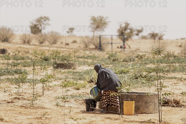 A woman draws water from a well near the refugee settlement in Ouallam