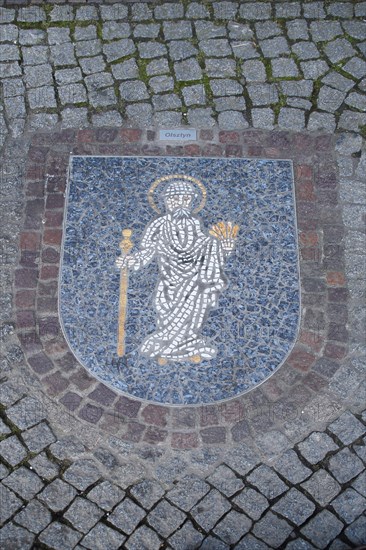 City coat of arms of Saint James with pilgrim's staff from the twin town of Olsztyn in Poland