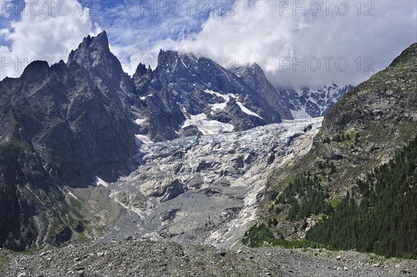 Retreating glacier in July 2009 in the Mount Blanc massif seen from the Val Veny valley showing moraine and polished bedrock