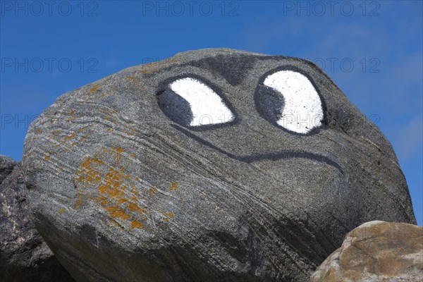Eyes and mouth painted on rock