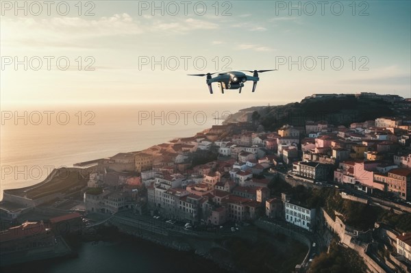 Drone in flight over a city on the coast