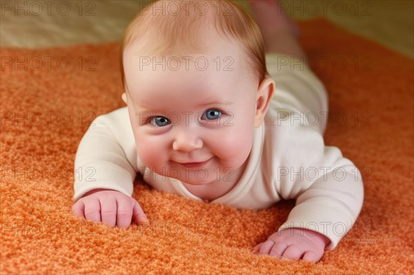 A laughing baby in a romper suit lies on an orange blanket