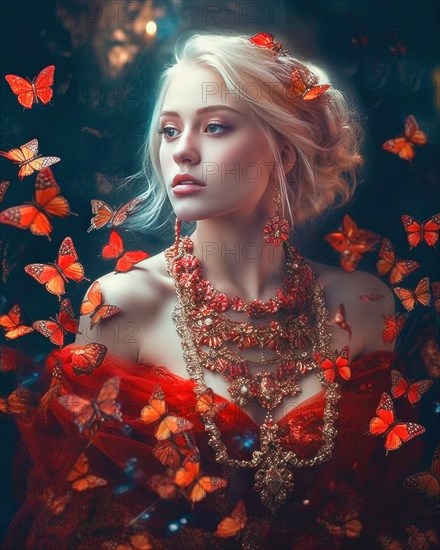 A splendidly dressed young blonde woman in soft light is surrounded by butterflies