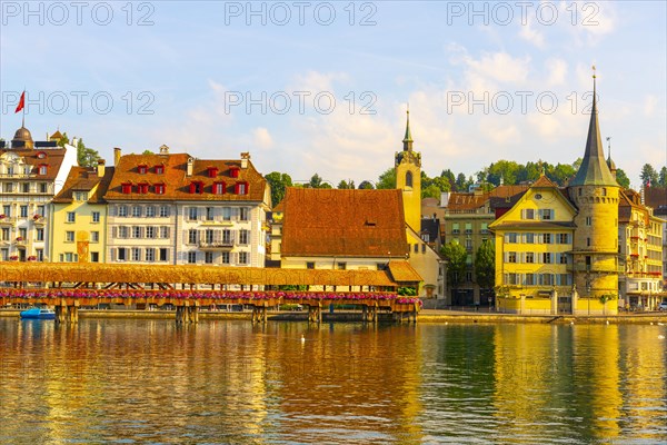 Reuss River and Chapel Bridge in City of Lucerne in Switzerland