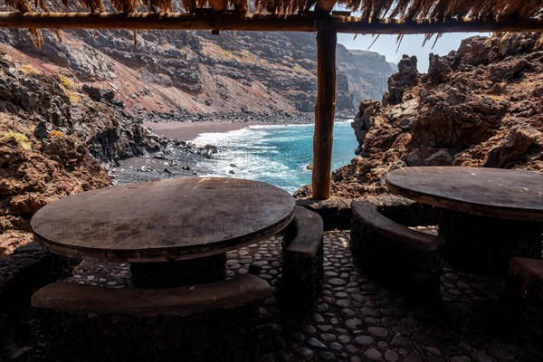 Eating and barbecue areas on the Verodal beach on El Hierro Island. Canary Islands