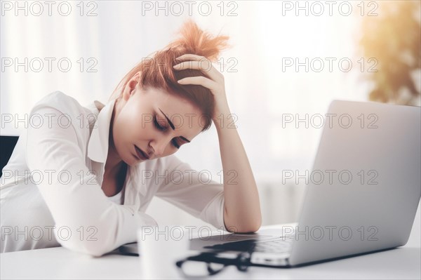 Young woman sitting exhausted at a notebook