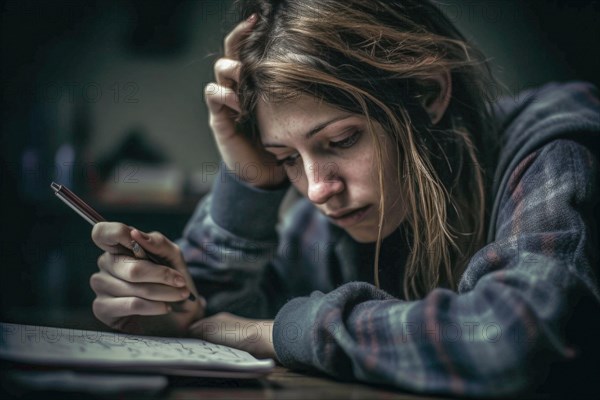 A young woman sits exhausted at a desk over a book