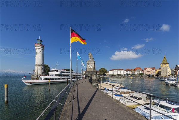 Harbour entrance with lighthouse and Bavarian lion