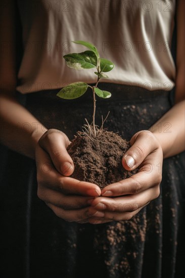 A woman holds a bale of earth with a green sprouting tree in both hands