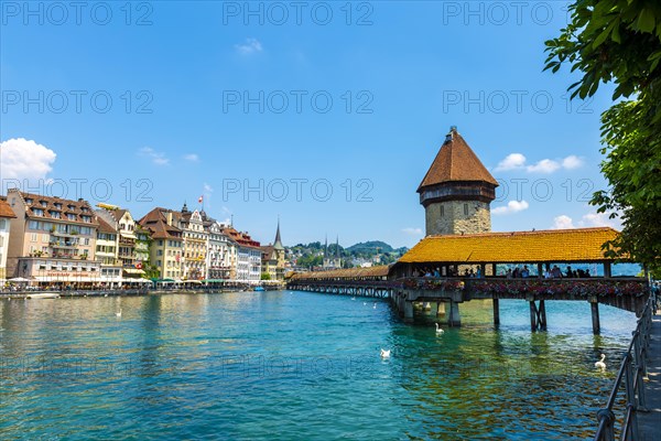 Chapel Bridge over Reuss River and City of Lucerne