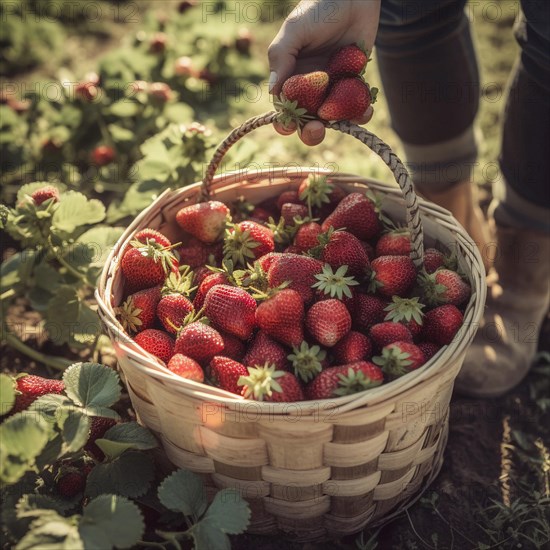 Raffia basket with fresh strawberries in a natural environment in a field