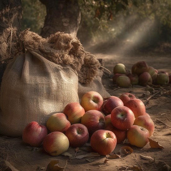 Old sack with apples in natural and rustic environment