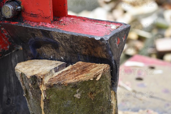 Worker making firewood with a log splitter