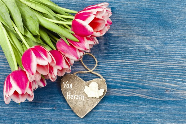 Bouquet of tulips on blue background and wooden heart