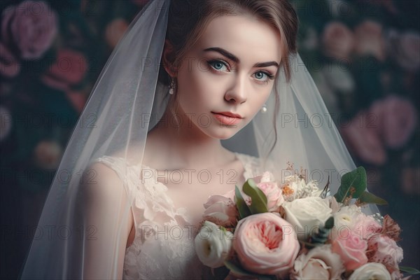 A bride in a white wedding dress holds a beautiful bridal bouquet