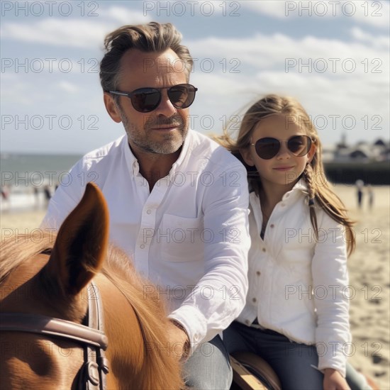 Two horsemen in natural surroundings ride along the sea