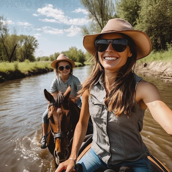 Two riders in natural setting riding through a small stream