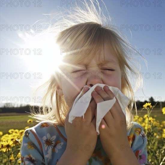 Hay fever child suffers from hay fever and is surrounded by pollen flowers