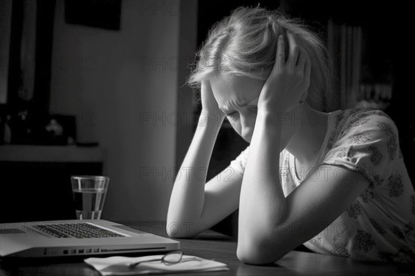 Young woman sitting exhausted at a notebook