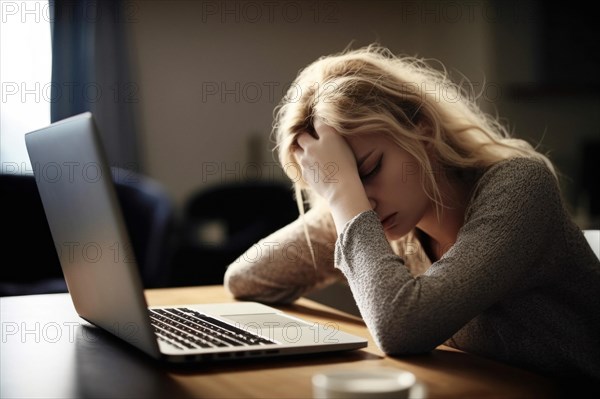 Young woman sitting exhausted at a notebook